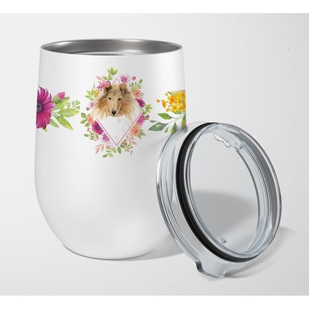 CAROLINES TREASURES 12 oz Collie Pink Flowers Stainless Steel Stemless Wine Glass CK4216TBL12